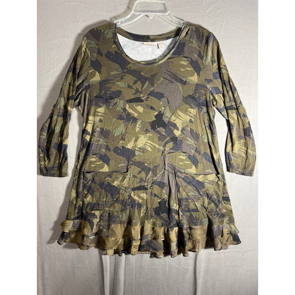 LOGO Lori Goldstein Green Printed Knit Top Chiffon Trim M